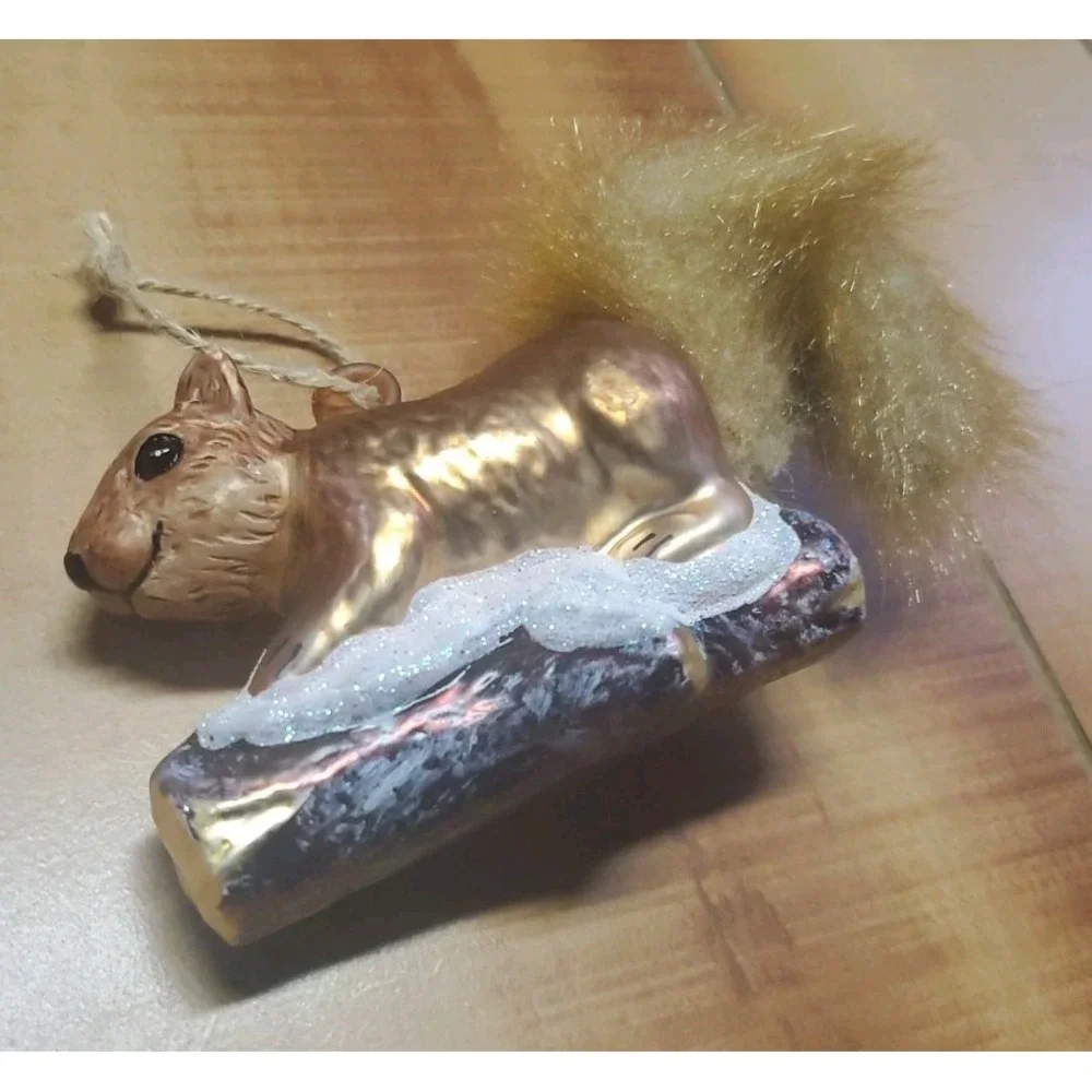 Squirrel Christmas Ornament Hand Blown‎ Glass Animal Plush Fur Tail 5